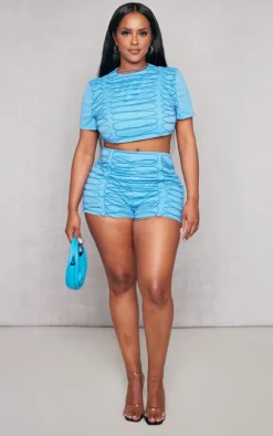 PrettyLittleThing Shape Woven Lace Up Detail Cropped T Shirt Bright Blue