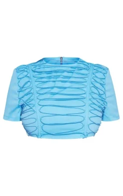 PrettyLittleThing Shape Woven Lace Up Detail Cropped T Shirt Bright Blue