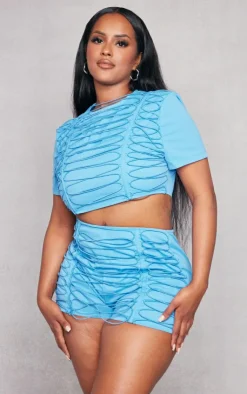 Discount PrettyLittleThing Shape Woven Lace Up Detail Shorts Bright Blue