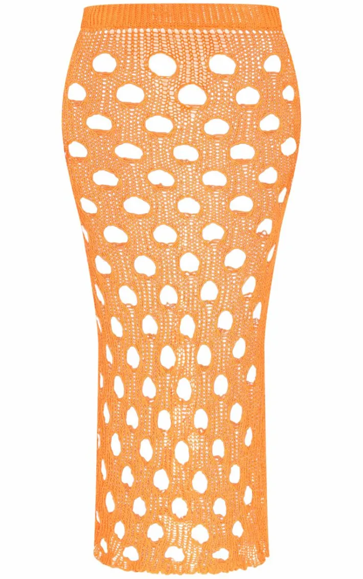 Shape Bright Orange Knit Distressed Cut Out Maxi Skirt