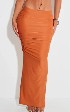 Discount PrettyLittleThing Shape Slinky Ruched Midaxi Skirt Bright Orange