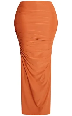 Discount PrettyLittleThing Shape Slinky Ruched Midaxi Skirt Bright Orange