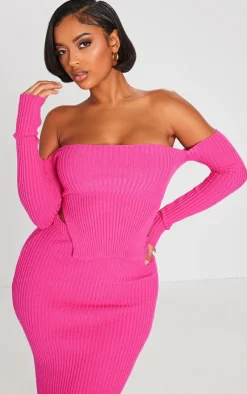 Discount PrettyLittleThing Shape Knit Bardot Split Side Detail Top Bright Pink