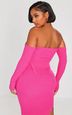 Discount PrettyLittleThing Shape Knit Bardot Split Side Detail Top Bright Pink