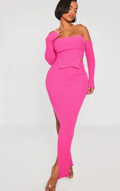 Discount PrettyLittleThing Shape Knit Bardot Split Side Detail Top Bright Pink