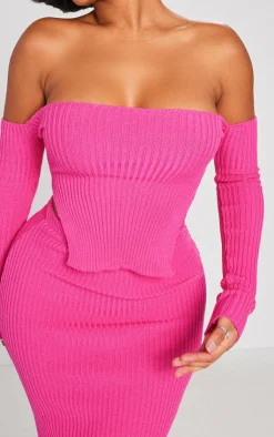 Discount PrettyLittleThing Shape Knit Bardot Split Side Detail Top Bright Pink