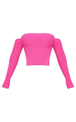 Discount PrettyLittleThing Shape Knit Bardot Split Side Detail Top Bright Pink