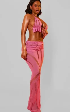 Outlet PrettyLittleThing Shape Knit Ladder Detailed Low Rise Ruched Side Maxi Skirt Bright Pink