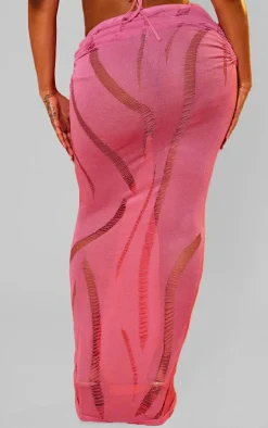 Outlet PrettyLittleThing Shape Knit Ladder Detailed Low Rise Ruched Side Maxi Skirt Bright Pink