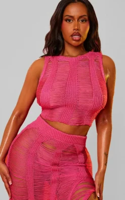 Online PrettyLittleThing Shape Knit Ladder Racer Neck Longline Top Bright Pink