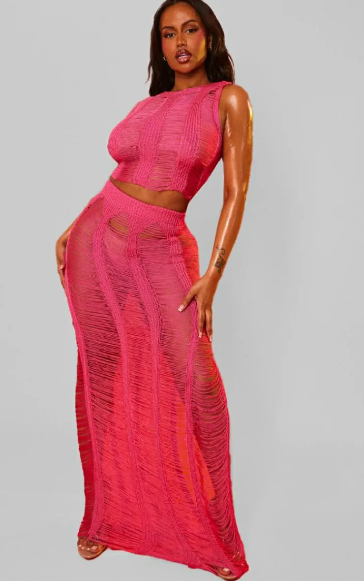 Online PrettyLittleThing Shape Knit Ladder Racer Neck Longline Top Bright Pink