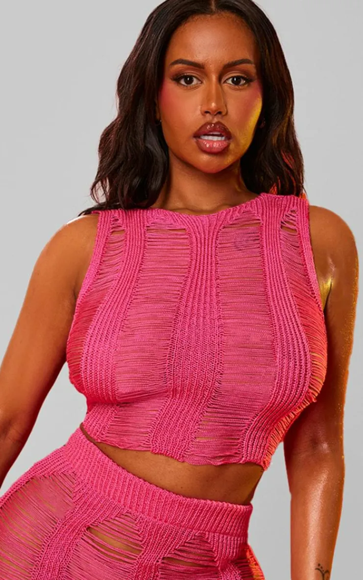 Online PrettyLittleThing Shape Knit Ladder Racer Neck Longline Top Bright Pink