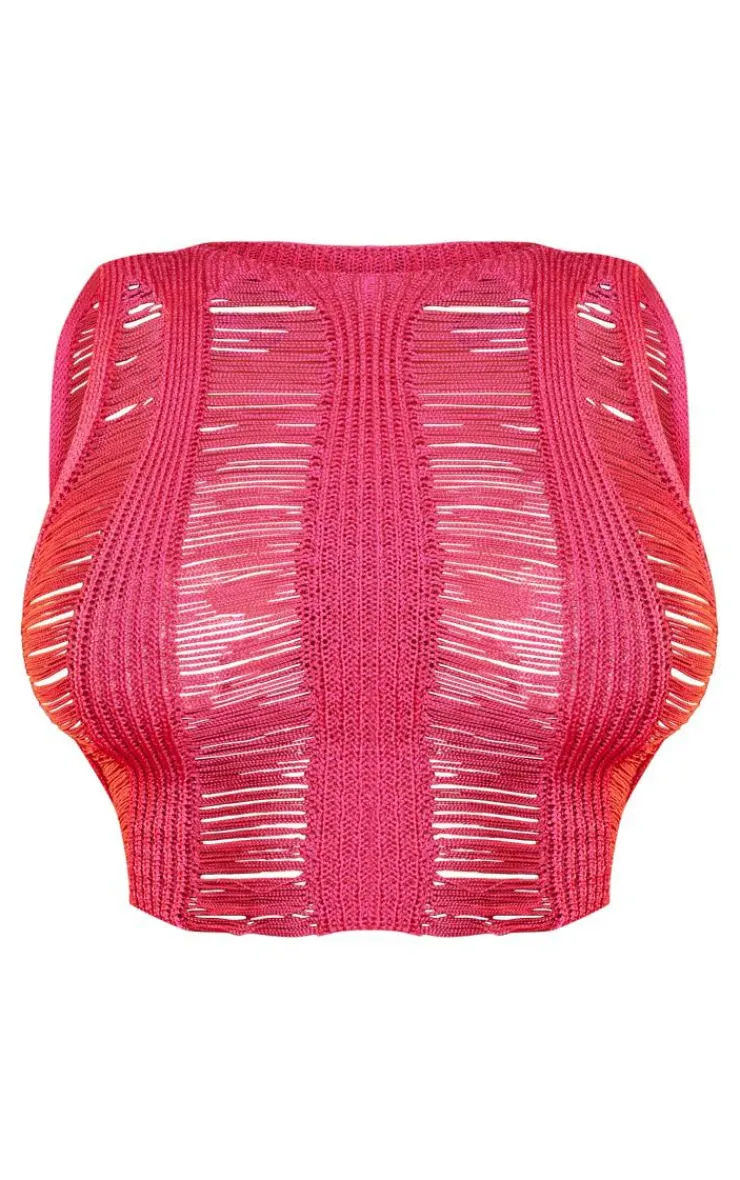 Online PrettyLittleThing Shape Knit Ladder Racer Neck Longline Top Bright Pink