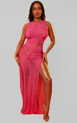 Discount PrettyLittleThing Shape Knit Ladder Maxi Skirt Bright Pink