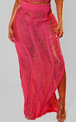 Discount PrettyLittleThing Shape Knit Ladder Maxi Skirt Bright Pink