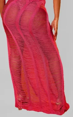 Discount PrettyLittleThing Shape Knit Ladder Maxi Skirt Bright Pink