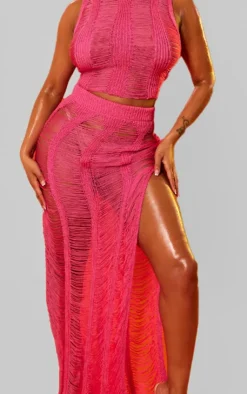 Discount PrettyLittleThing Shape Knit Ladder Maxi Skirt Bright Pink