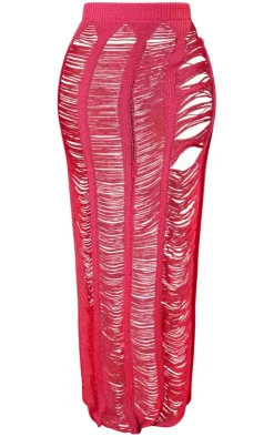 Discount PrettyLittleThing Shape Knit Ladder Maxi Skirt Bright Pink