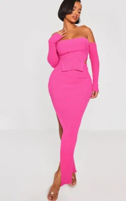 Sale PrettyLittleThing Shape Knit Split Side Detail Midaxi Skirt Bright Pink