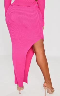 Sale PrettyLittleThing Shape Knit Split Side Detail Midaxi Skirt Bright Pink