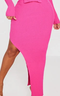 Sale PrettyLittleThing Shape Knit Split Side Detail Midaxi Skirt Bright Pink