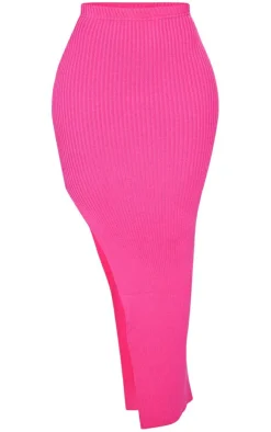 Sale PrettyLittleThing Shape Knit Split Side Detail Midaxi Skirt Bright Pink
