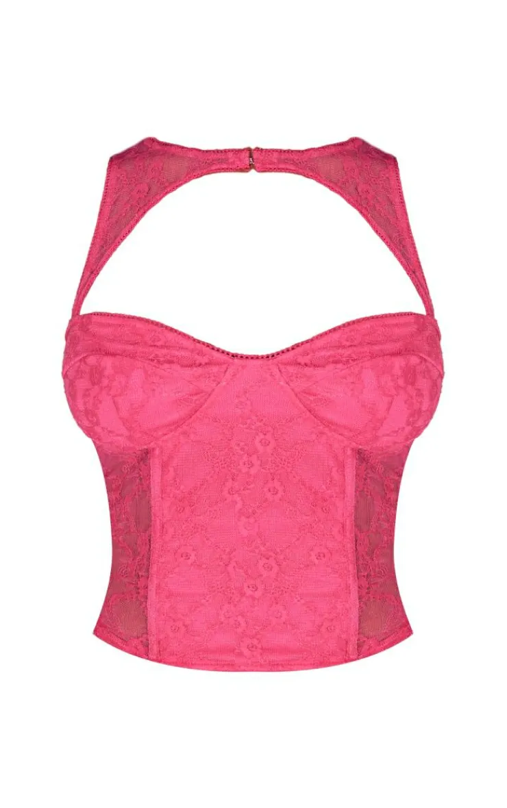 Online PrettyLittleThing Shape Lace Cut Out Corset Bright Pink