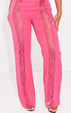Hot PrettyLittleThing Shape Lace Insert Woven Straight Leg Pants Bright Pink