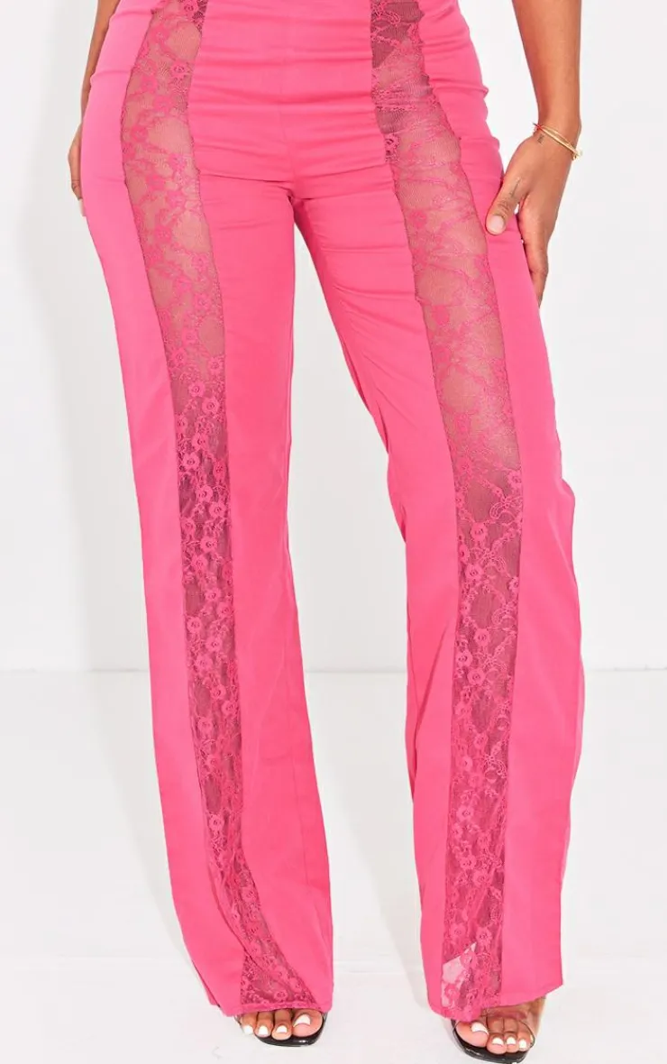 Hot PrettyLittleThing Shape Lace Insert Woven Straight Leg Pants Bright Pink