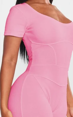 PrettyLittleThing Unitards*Shape Rib Seam Detail Short Sleeve Unitard