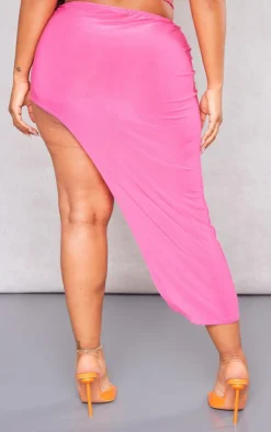 Discount PrettyLittleThing Shape Slinky Tie Waist Asymmetric Midi Skirt Bright Pink