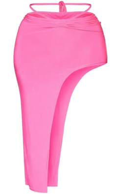 Discount PrettyLittleThing Shape Slinky Tie Waist Asymmetric Midi Skirt Bright Pink