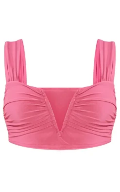 Clearance PrettyLittleThing Shape Slinky V Front Crop Top Bright Pink