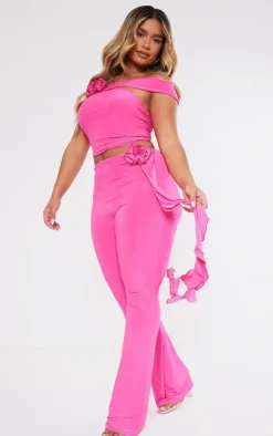 PrettyLittleThing Shape Slinky Rose High Waist Flare Pants Bright Pink