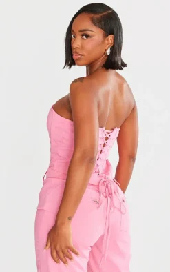 Outlet PrettyLittleThing Shape Woven Lace Up Back Corset Bright Pink