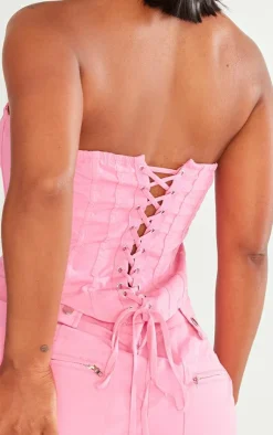 Outlet PrettyLittleThing Shape Woven Lace Up Back Corset Bright Pink