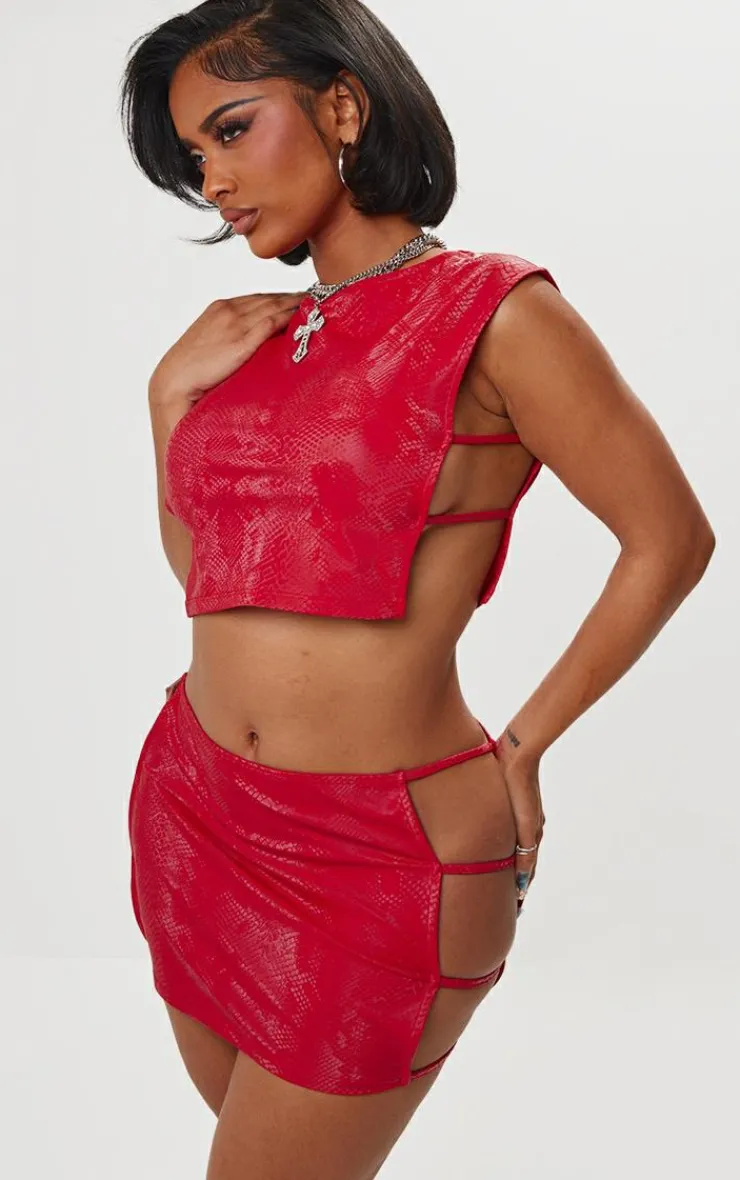 Best PrettyLittleThing Shape Faux Leather Croc Printed Cut Out Mini Skirt Bright Red