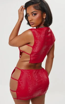 PrettyLittleThing Shape Faux Leather Croc Printed Cut Out Top Bright Red