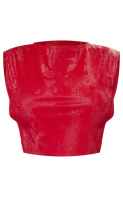 PrettyLittleThing Shape Faux Leather Croc Printed Cut Out Top Bright Red