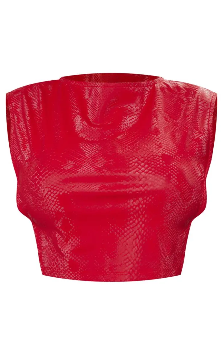 PrettyLittleThing Shape Faux Leather Croc Printed Cut Out Top Bright Red
