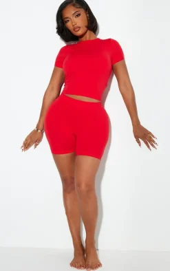 Online PrettyLittleThing Shape Fitted Seamless Shorts Bright Red