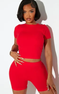Online PrettyLittleThing Shape Fitted Seamless Shorts Bright Red