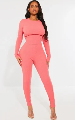 Hot PrettyLittleThing Shape Marl Ribbed Long Sleeve Top Bright Red