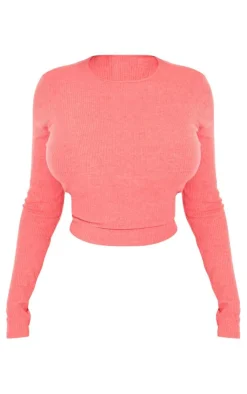 Hot PrettyLittleThing Shape Marl Ribbed Long Sleeve Top Bright Red