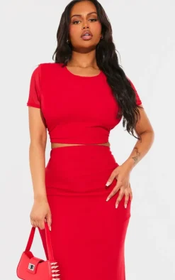 Hot PrettyLittleThing Shape Mesh Cropped T-shirt Bright Red
