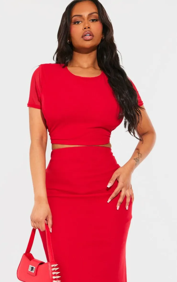 Hot PrettyLittleThing Shape Mesh Cropped T-shirt Bright Red