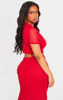Hot PrettyLittleThing Shape Mesh Cropped T-shirt Bright Red