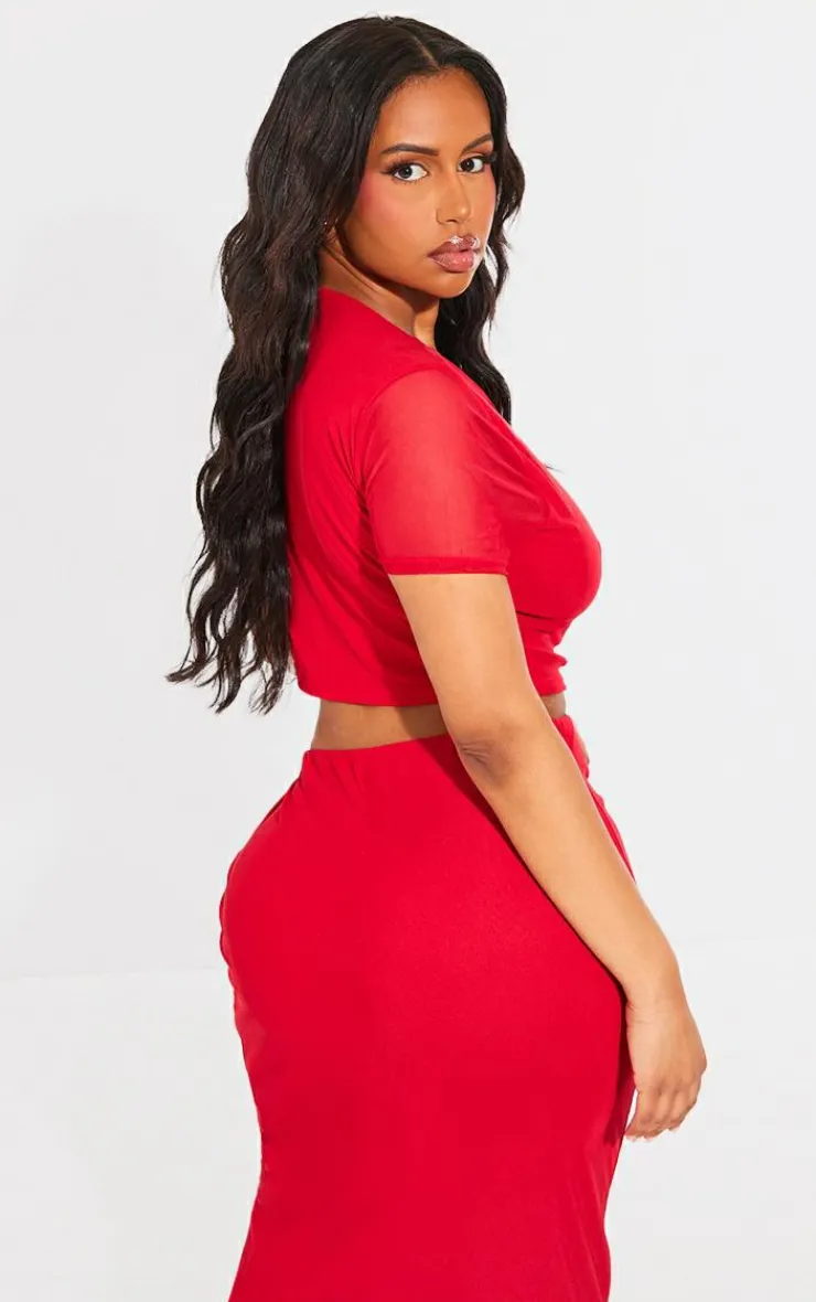 Hot PrettyLittleThing Shape Mesh Cropped T-shirt Bright Red