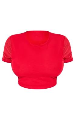 Hot PrettyLittleThing Shape Mesh Cropped T-shirt Bright Red
