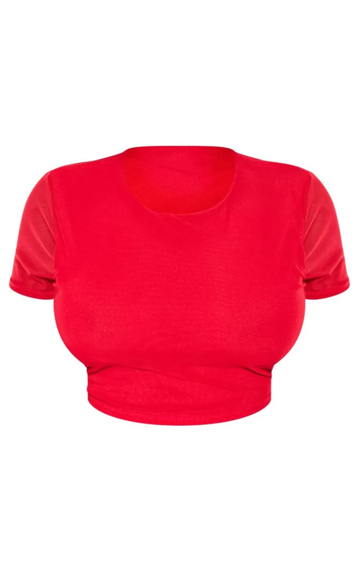 Hot PrettyLittleThing Shape Mesh Cropped T-shirt Bright Red
